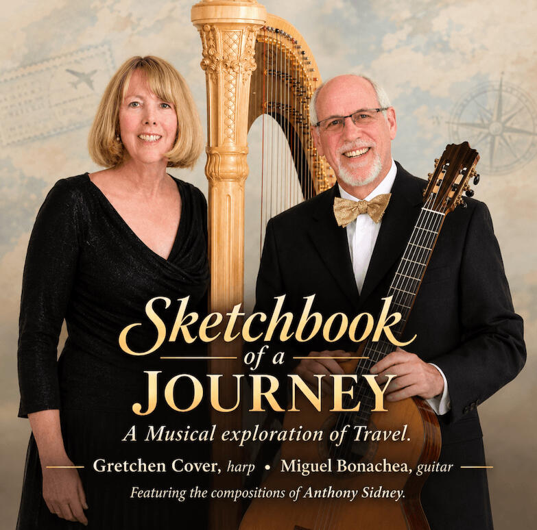 Promotional image of 'Romantic Echoes, Cuban Voices" featuring violist Viera Borisova and classical guitarist Miguel Bonachea holding their instruments.