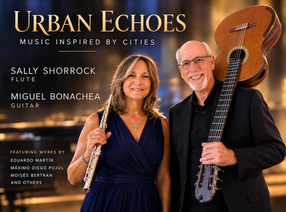 Promotional image of 'Romantic Echoes, Cuban Voices" featuring violist Viera Borisova and classical guitarist Miguel Bonachea holding their instruments.