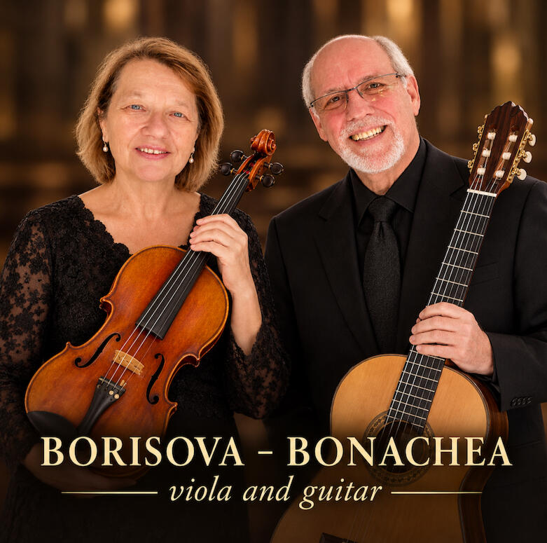 Romantic Echoes, Cuban Voices - Viera Borisova and Miguel Bonachea Promotional image of 'Romantic Echoes, Cuban Voices" featuring violist Viera Borisova and classical guitarist Miguel Bonachea holding their instruments.